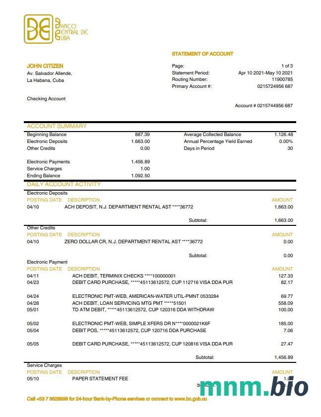 Cuba Banco Central de Cuba wyciąg bankowy xls